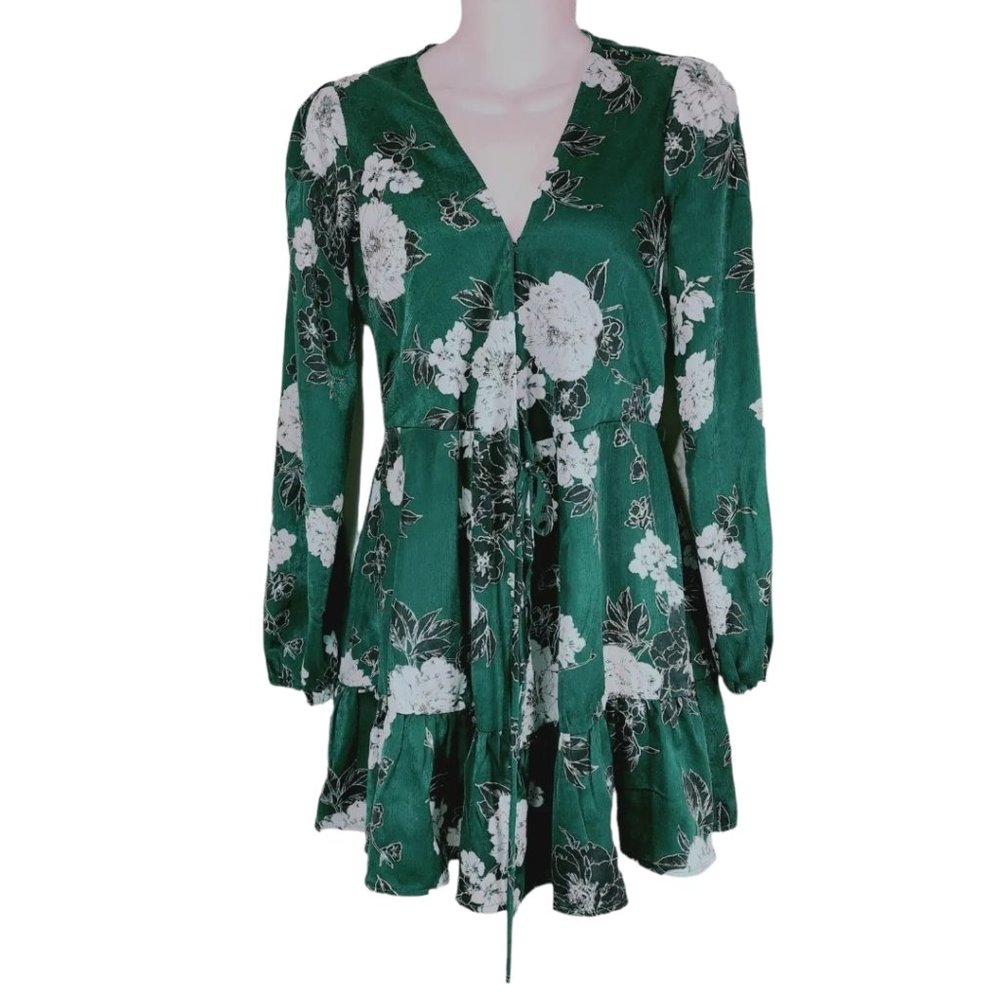 Lulus Wrap Dress XS Green Floral Satin Lightweight Womens